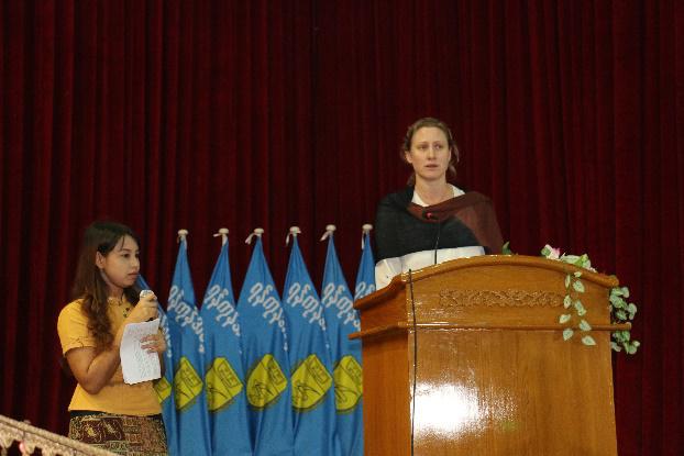 Alexandra Robinson, UNFPA, talks at the mock trial, Tarwa University, Yangon.