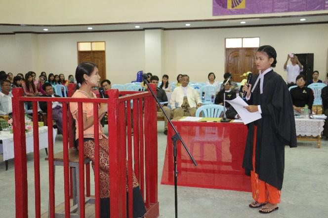 The complainant is questioned at the mock trial.