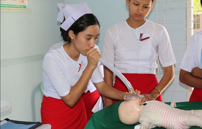 Midwives at the Mandalay Midwifery School receive training in basic emergency, obstetric and newborn care.