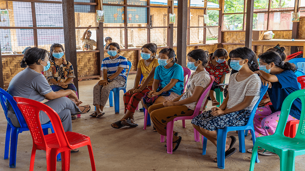 Adolescent girls at IDP camp participate in sexual and reproductive health awareness session in Kachin State.  Photo: UNFPA MMR